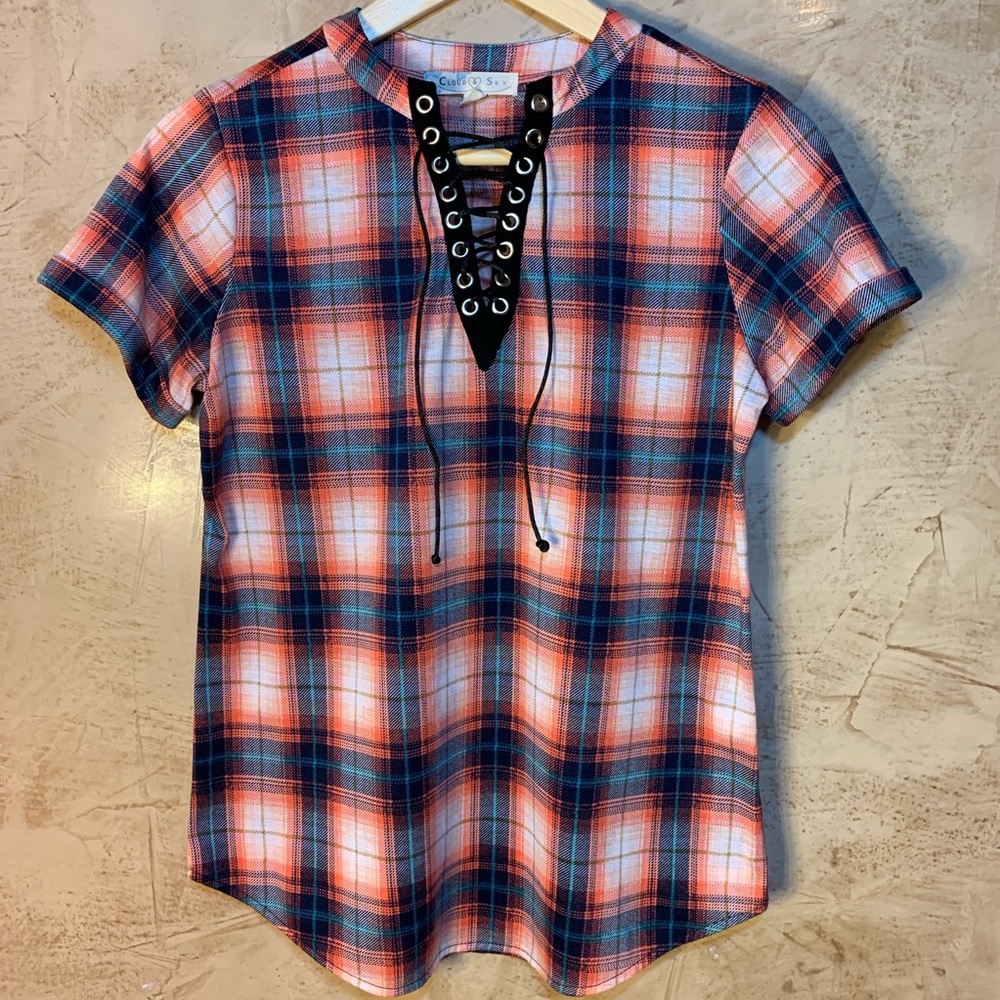 Cloud & Sky Lace Up Plaid Shirt  size S - Picture 2 of 8